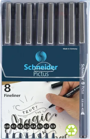 Schneider Pictus Fineliner Pens 8 Different Line Widths 0.05-0.9 mm Black Case of 8