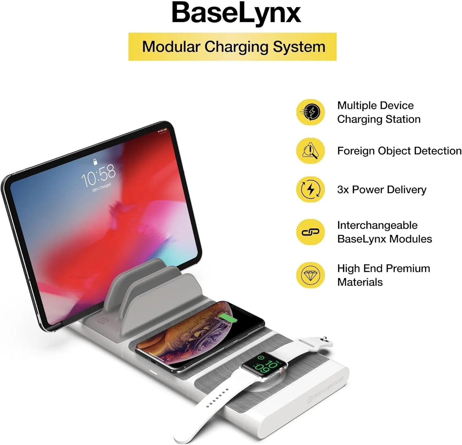 Scosche BLKIT1WT BaseLynx Modular Charging System Includes a Qi-Certified Wireless Charging Station, Apple Watch Charger & a Multi Device Charging Station with One USB-C & Two USB-A Charging Ports