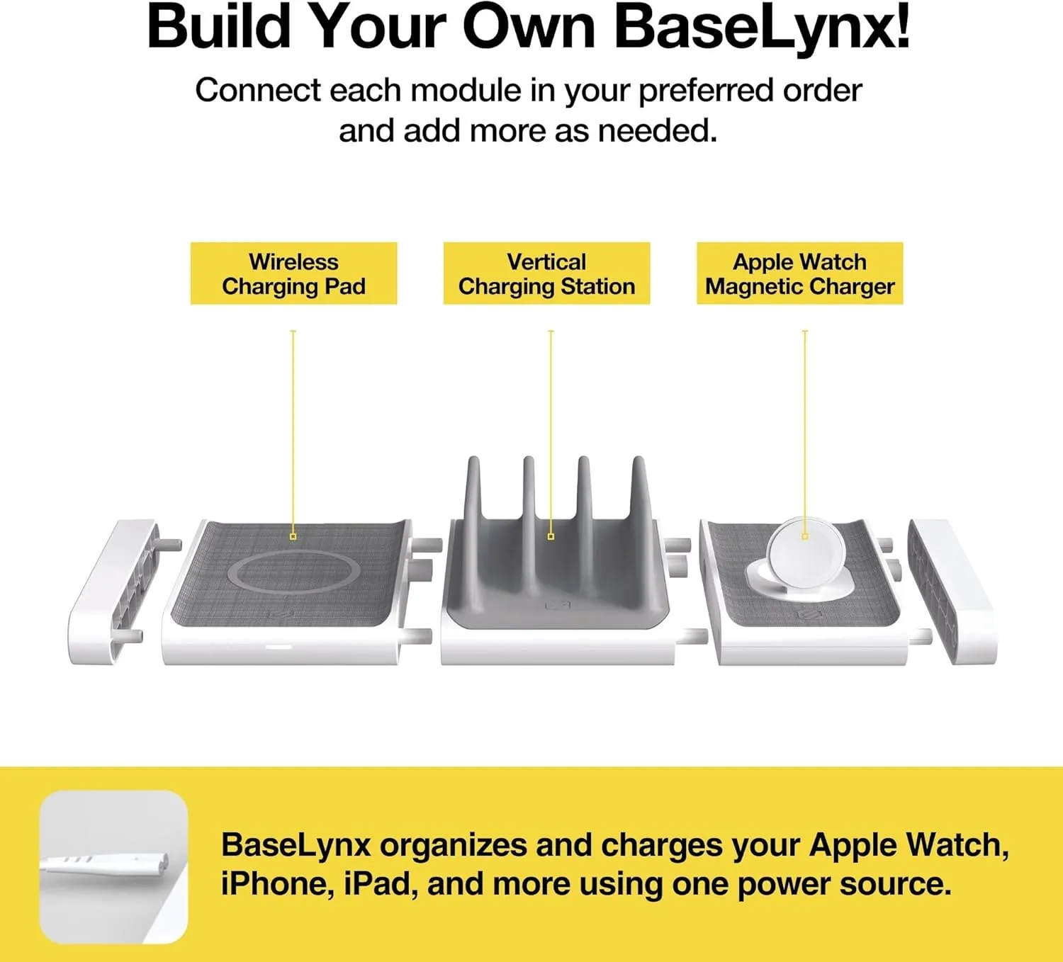 Scosche BLKIT1WT BaseLynx Modular Charging System Includes a Qi-Certified Wireless Charging Station, Apple Watch Charger & a Multi Device Charging Station with One USB-C & Two USB-A Charging Ports