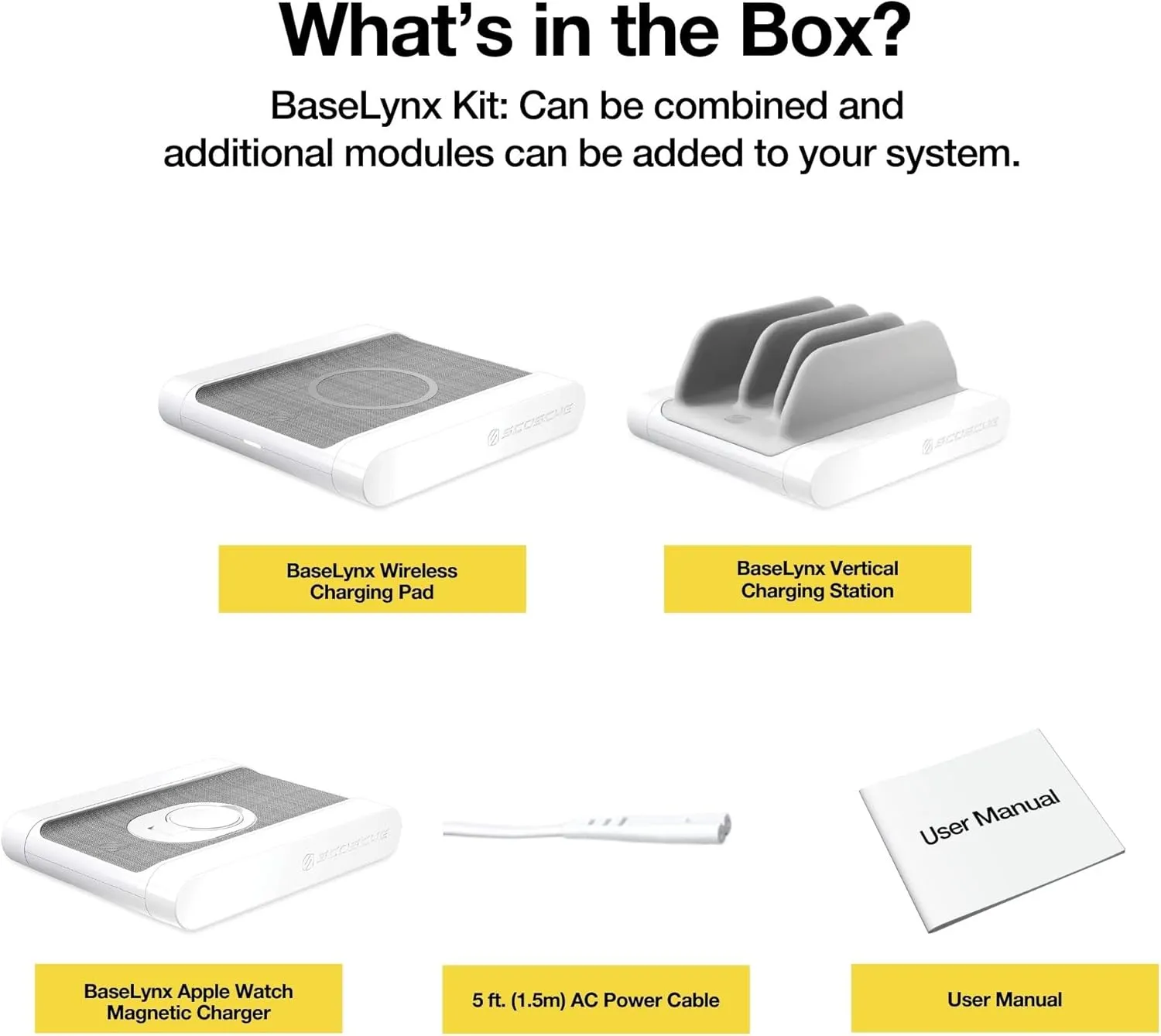 Scosche BLKIT1WT BaseLynx Modular Charging System Includes a Qi-Certified Wireless Charging Station, Apple Watch Charger & a Multi Device Charging Station with One USB-C & Two USB-A Charging Ports