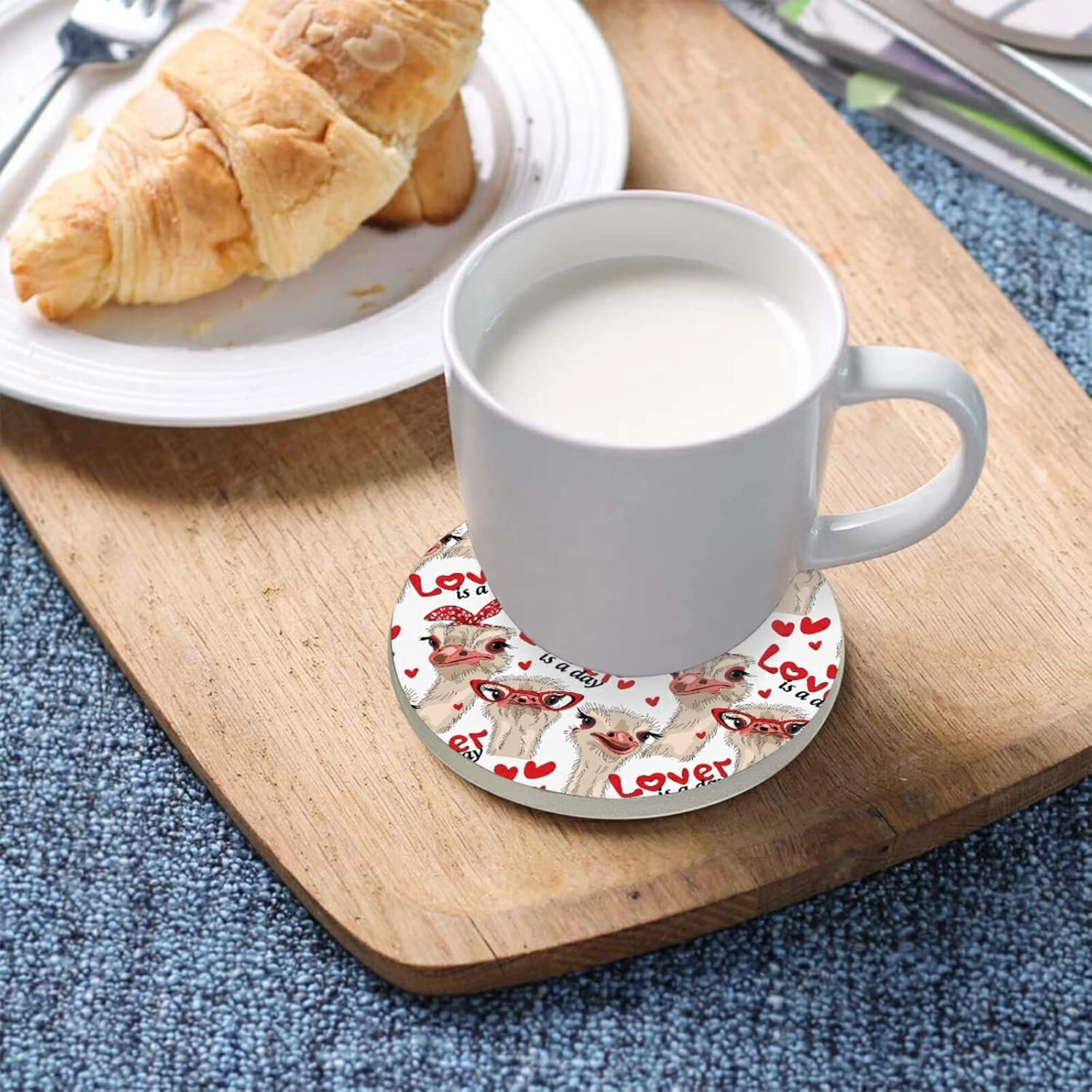 Seamless Ostriches with Red Glasses Hairpins Lover is a Day Letterings 4 PCs Ceramic Mug Coaster for Drinks, Stone Coasters Holder with Cork Base, Oversize Cup Mat Pad for All Mugs, Housewarming Gift