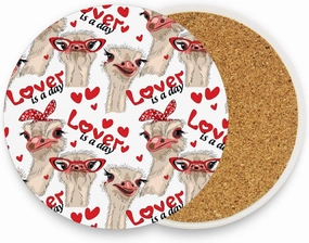 Seamless Ostriches with Red Glasses Hairpins Lover is a Day Letterings 4 PCs Ceramic Mug Coaster for Drinks, Stone Coasters Holder with Cork Base, Oversize Cup Mat Pad for All Mugs, Housewarming Gift