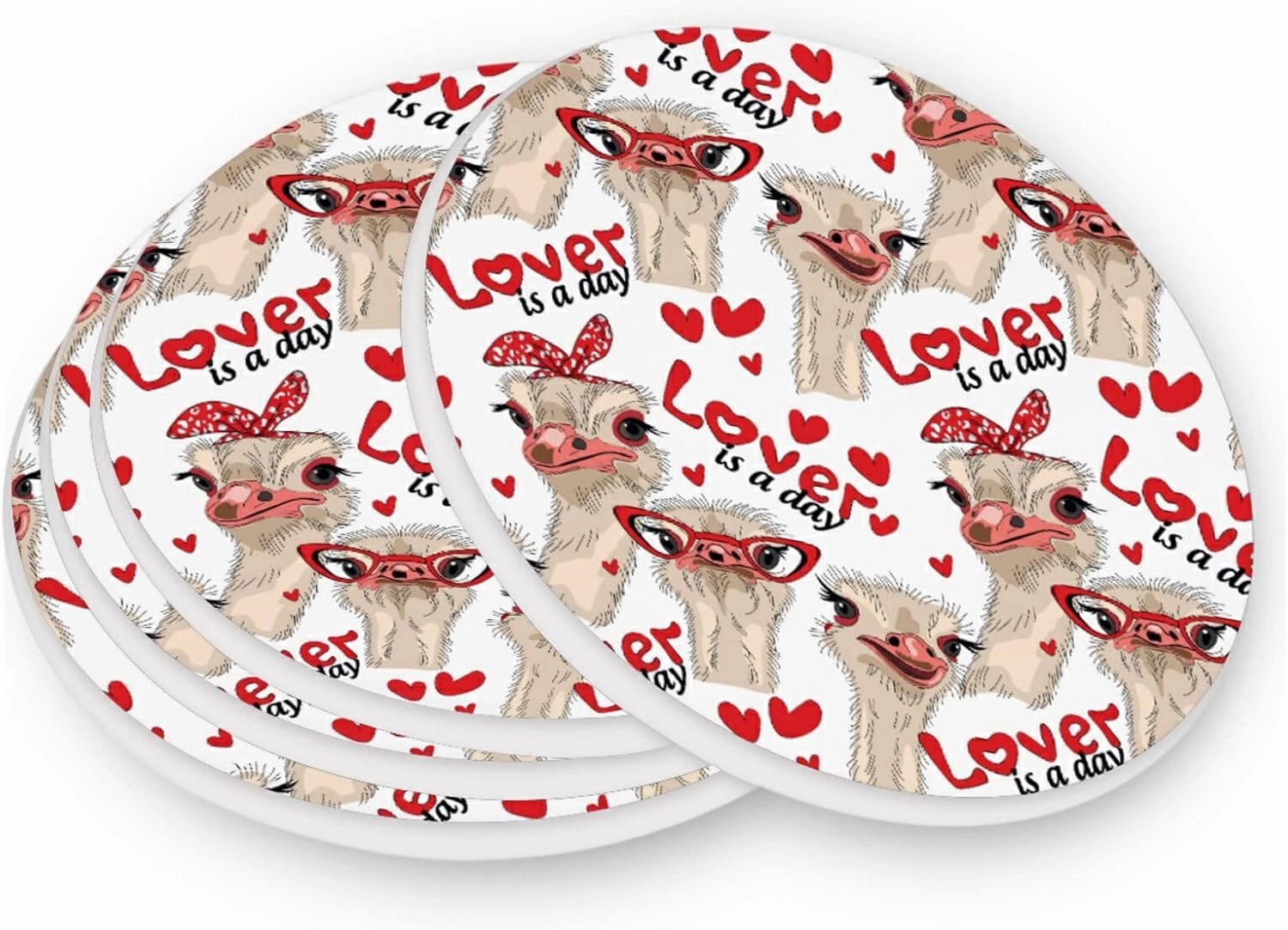 Seamless Ostriches with Red Glasses Hairpins Lover is a Day Letterings 4 PCs Ceramic Mug Coaster for Drinks, Stone Coasters Holder with Cork Base, Oversize Cup Mat Pad for All Mugs, Housewarming Gift