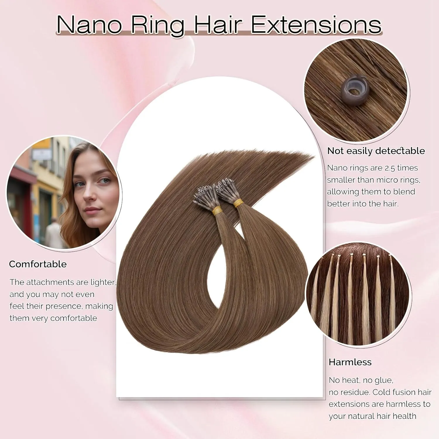 SEGO Nano Bead Hair Extensions Human Hair, 1g/s 50g/pack 18 Inch Nano Ring Hair Extensions, Highlight, Add Volume and Length, Nano Tip Hair Extensions for Women Medium Brown