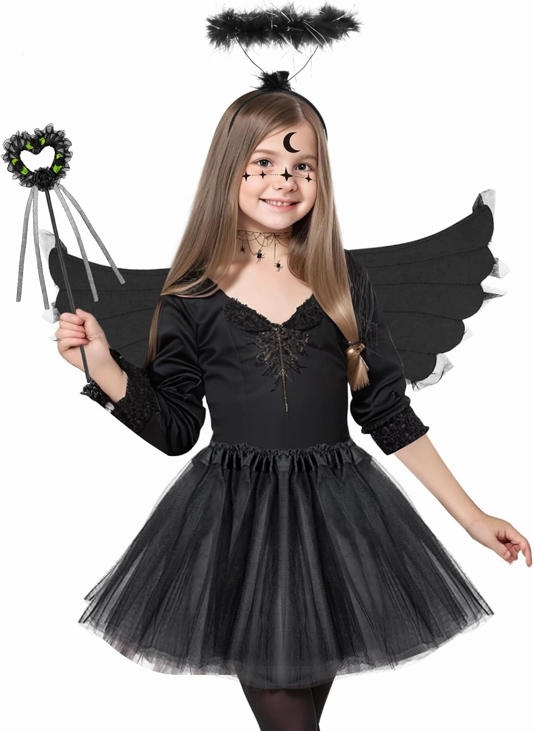 SelfTek 5Pcs Fallen Angel Costume for Girls, Black Dark Angel W-ings and Halo Set Tutu Skirt for Kids Age 3-12 Halloween Cosplay Dress with Sticker