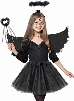 SelfTek 5Pcs Fallen Angel Costume for Girls, Black Dark Angel W-ings and Halo Set Tutu Skirt for Kids Age 3-12 Halloween Cosplay Dress with Sticker