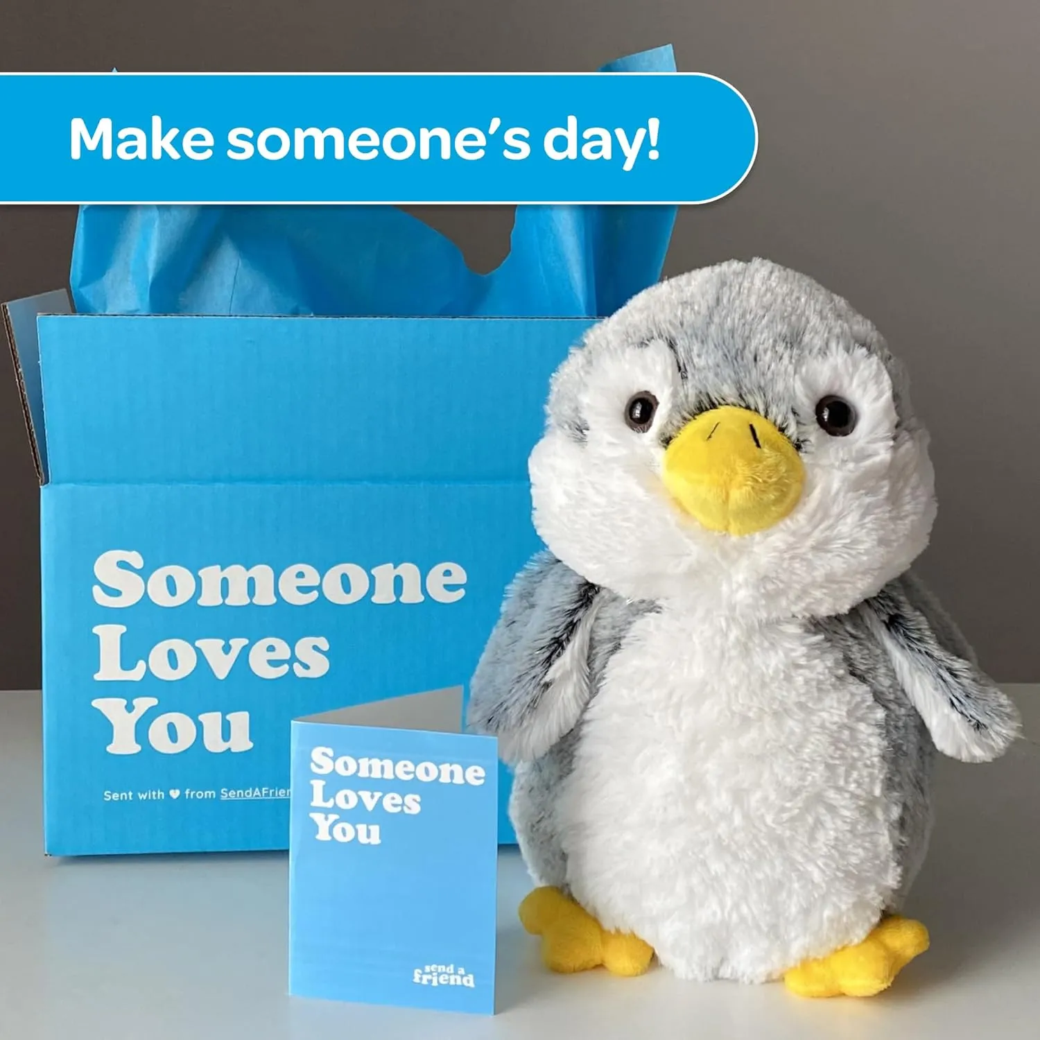 SendAFriend Pepper The Penguin Stuffed Animal Care Package, Someone Loves You Box, Great Gift for Any Reason (Miss You Notecard)