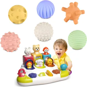 Sensory Balls & Pop Up Animal Toy Set for Toddlers, Montessori Developmental Toys for 6-18 Months, Soft Textured Balls & Interactive Toy