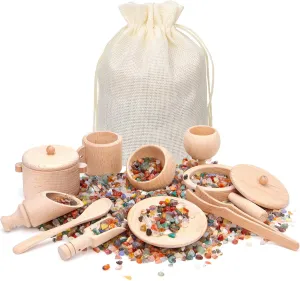 Sensory Bin Tools - Montessori Fine Motor Skills Learning Waldorf Toys for Toddlers and Kids Pretend Play - Wooden Scoops and Tongs for Transfer Work and Fine Motor Learning (11Pcs)