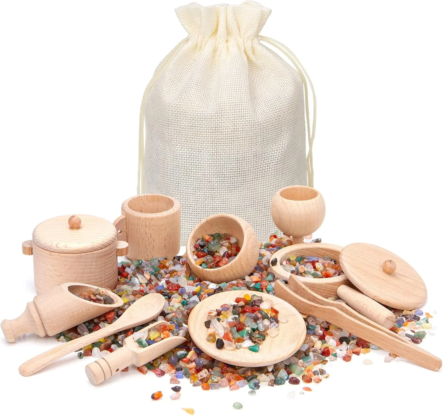 Sensory Bin Tools - Montessori Fine Motor Skills Learning Waldorf Toys for Toddlers and Kids Pretend Play - Wooden Scoops and Tongs for Transfer Work and Fine Motor Learning (11Pcs)