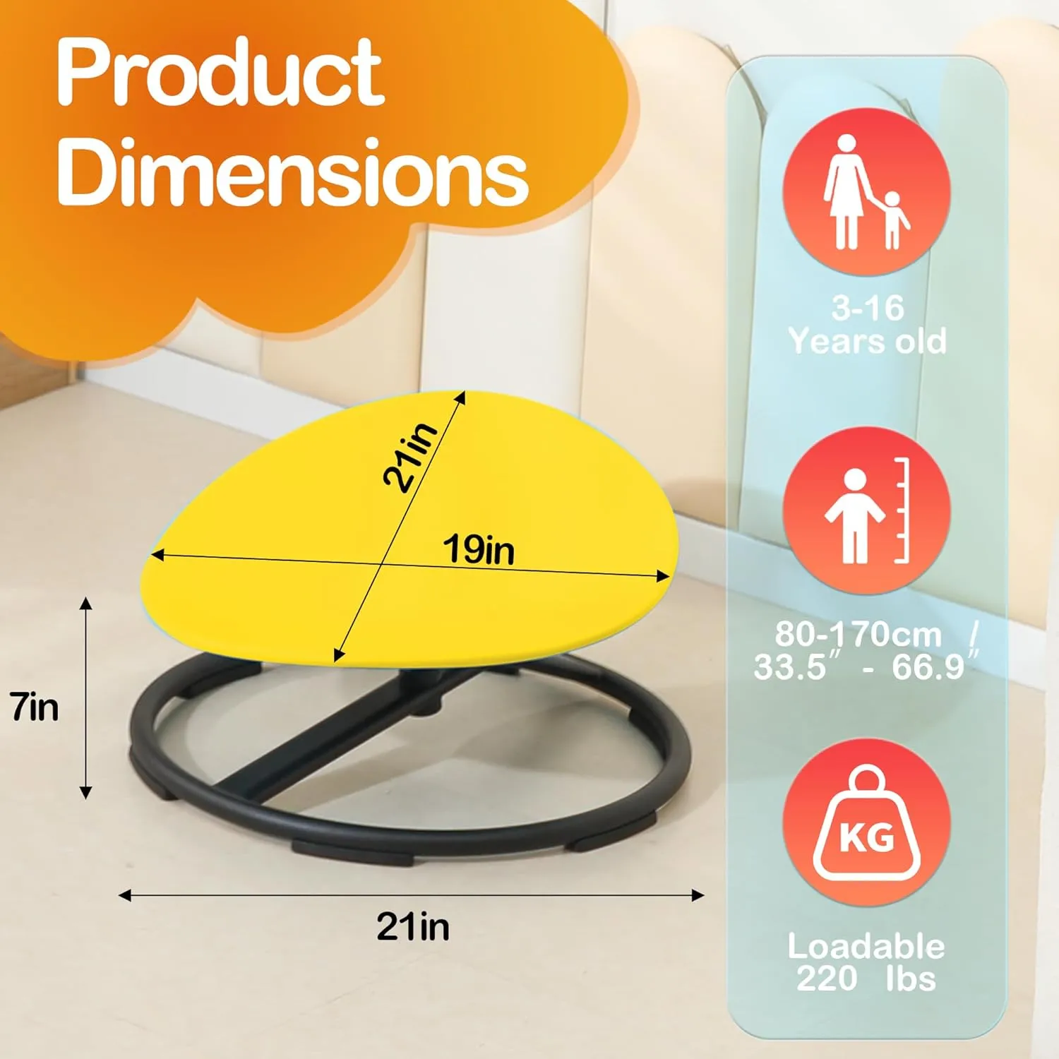 Sensory Spinning Chair for Autistic Kids，Sensory Swivel Chair，Sit and Spin Toy for Balance and Coordination, Spinning Autism Seat & ADHD Children, Indoor & Outdoor Play for Ages 3 （Yellow）