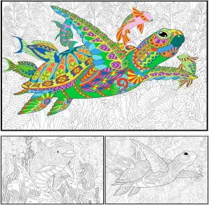 Set of 2 Giant Coloring Posters - Turtle and Dolphin Wall Coloring Poster for Kids & Adults - Large Coloring Sheets for Group Activity - Huge Big Coloring Page - Jumbo Coloring for Table Floor