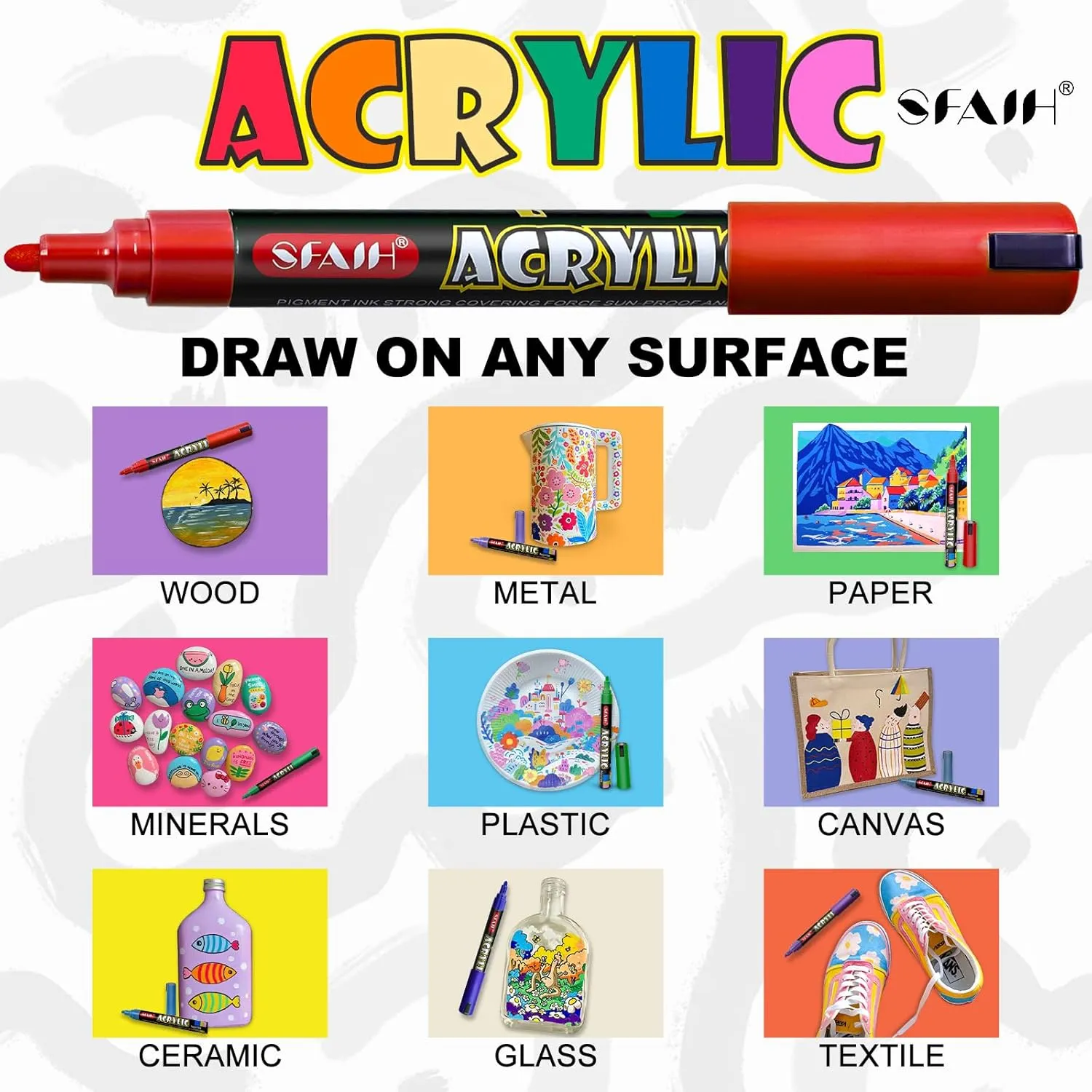 SFAIH Acrylic Creative Markers - 3mm Replaceable Nibs 24 Colors, Large Ink Capacity, Ultra-High Coverage, Non-Bleeding Water-Based Ink, Drawing Markers for Art Supplies, Wood, Fabric, Rock Painting
