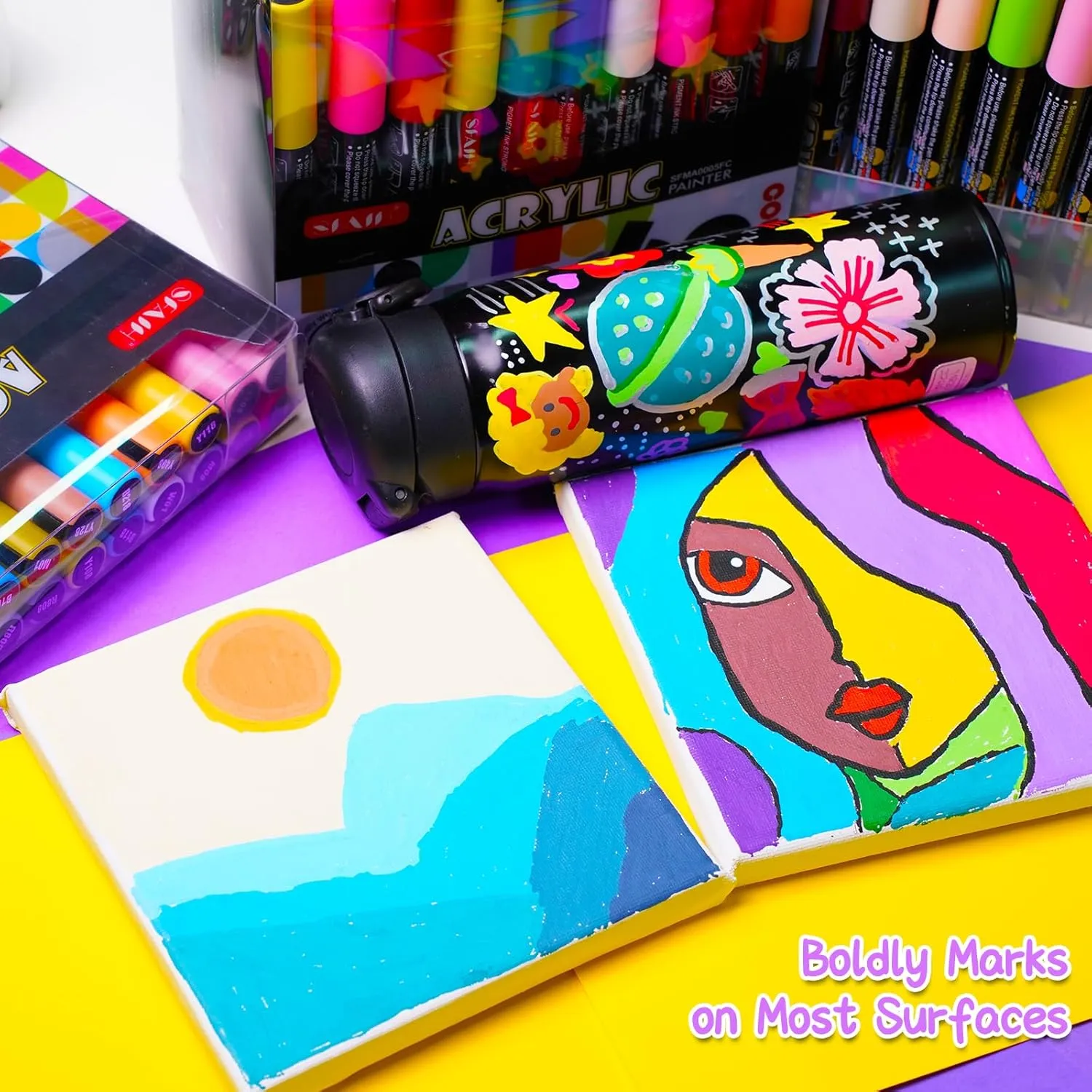 SFAIH Acrylic Creative Markers - 3mm Replaceable Nibs 24 Colors, Large Ink Capacity, Ultra-High Coverage, Non-Bleeding Water-Based Ink, Drawing Markers for Art Supplies, Wood, Fabric, Rock Painting