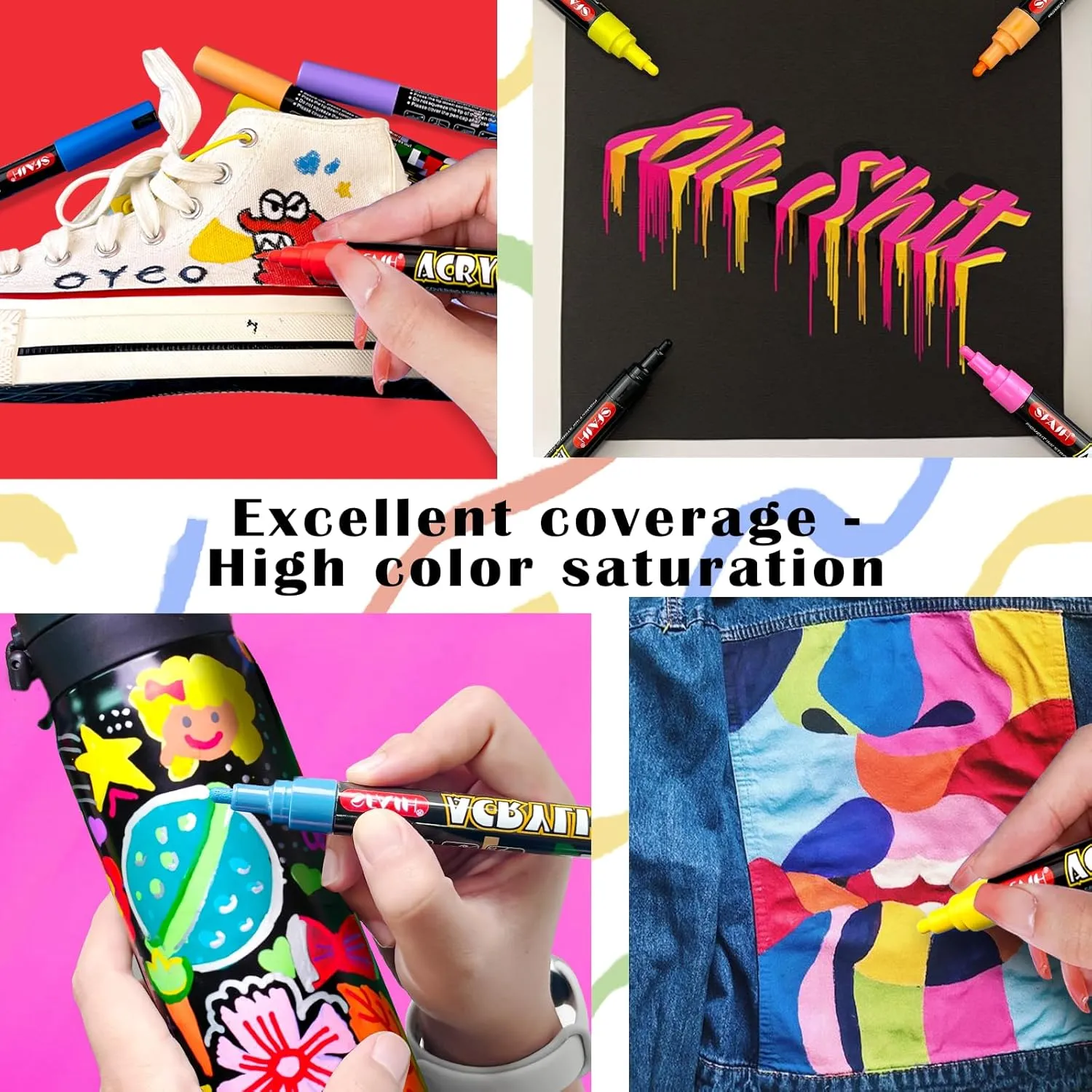 SFAIH Acrylic Creative Markers - 3mm Replaceable Nibs 24 Colors, Large Ink Capacity, Ultra-High Coverage, Non-Bleeding Water-Based Ink, Drawing Markers for Art Supplies, Wood, Fabric, Rock Painting