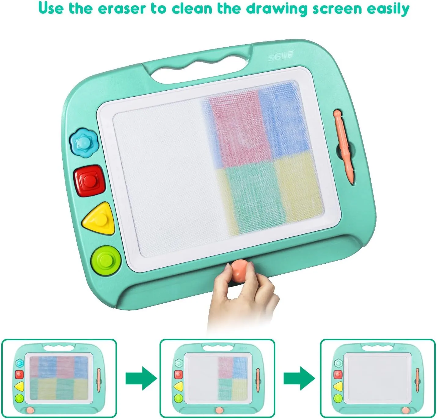SGILE Large Magnetic Drawing Board - 4 Colors 16×13in Doodle Pad with 4 Stamps for Toddlers, Learning Toy Board Etch Sketch Gift for 36  Month Kids Girls Boys, Green