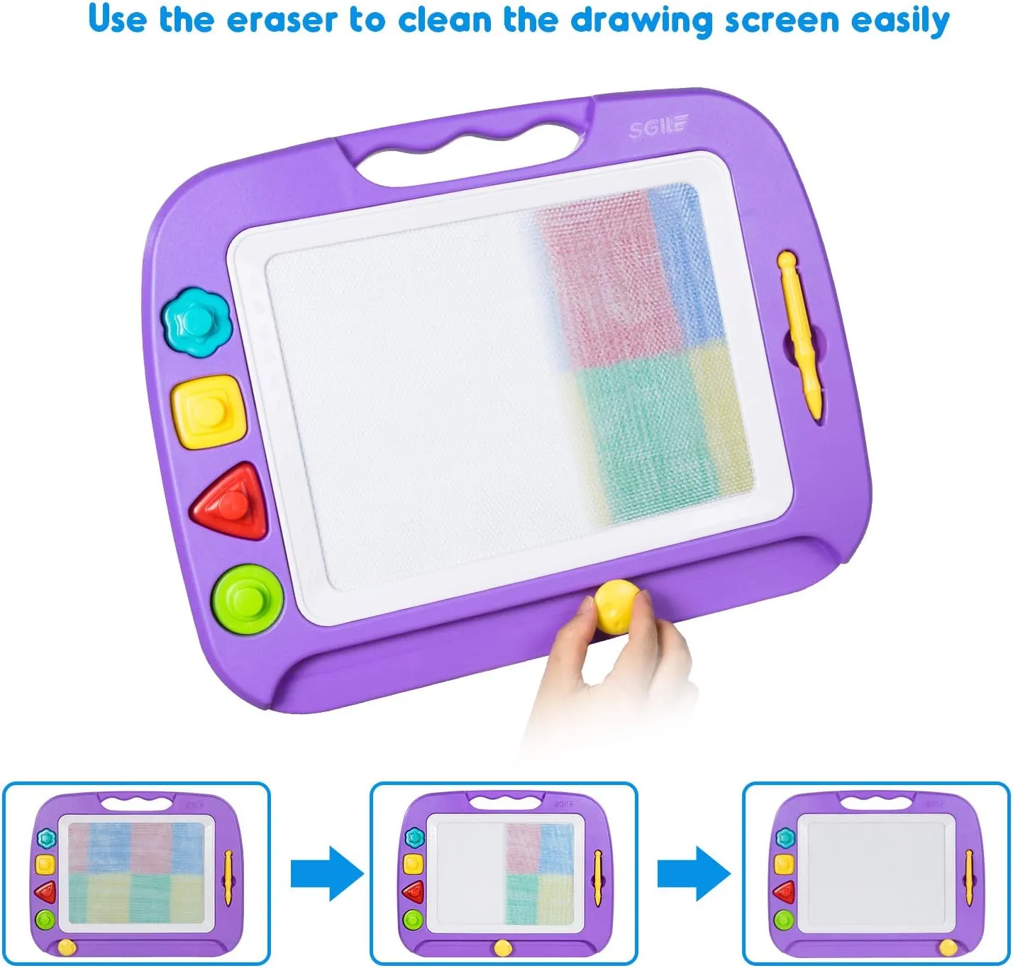 SGILE Large Magnetic Drawing Board - 4 Colors 16×13in Writing Painting Doodle Pad with 4 Stamps for Toddlers, Learning Educational Toy Etch Sketch Gift for 36  Month Kids Girls Boys, Purple