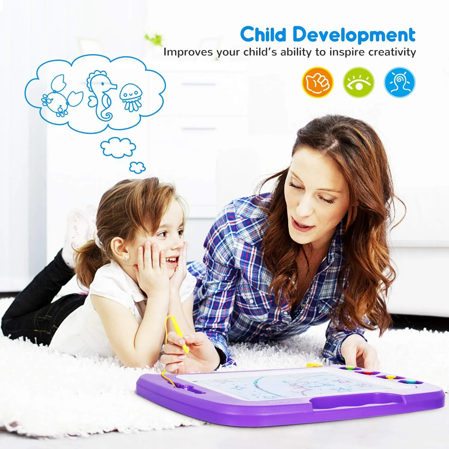 SGILE Large Magnetic Drawing Board - 4 Colors 16×13in Writing Painting Doodle Pad with 4 Stamps for Toddlers, Learning Educational Toy Etch Sketch Gift for 36  Month Kids Girls Boys, Purple