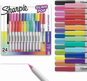 Sharpie Glam Pop Permanent Markers Ultra Fine Tip Marker Set Coloring Art Drawing Writing Markers Resilient Ink Assorted Colors 24 Count