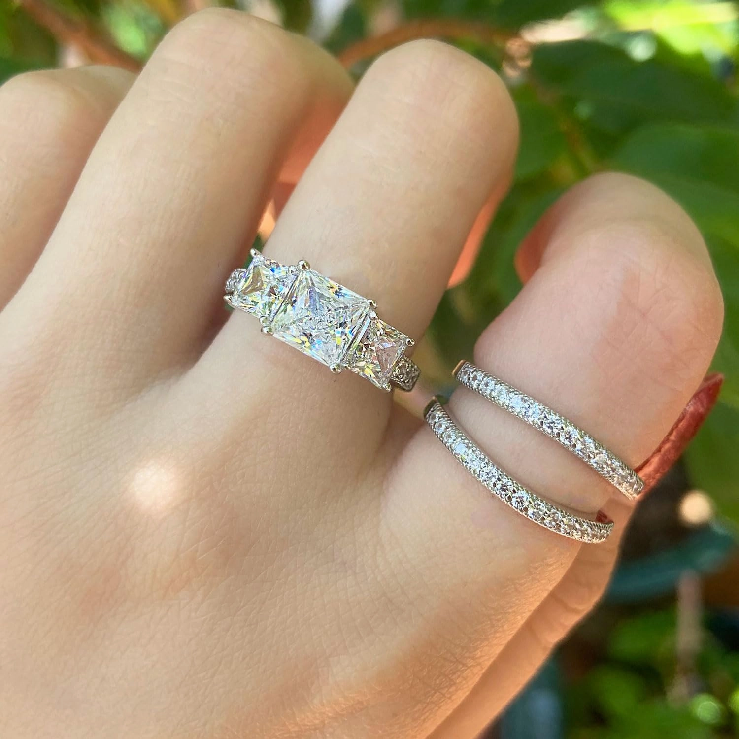 SHELOVES Three-Stone Princess Cut AAAAA Cz Wedding Rings Set Ring Enhancers 925 Sterling Silver Sz 5-10