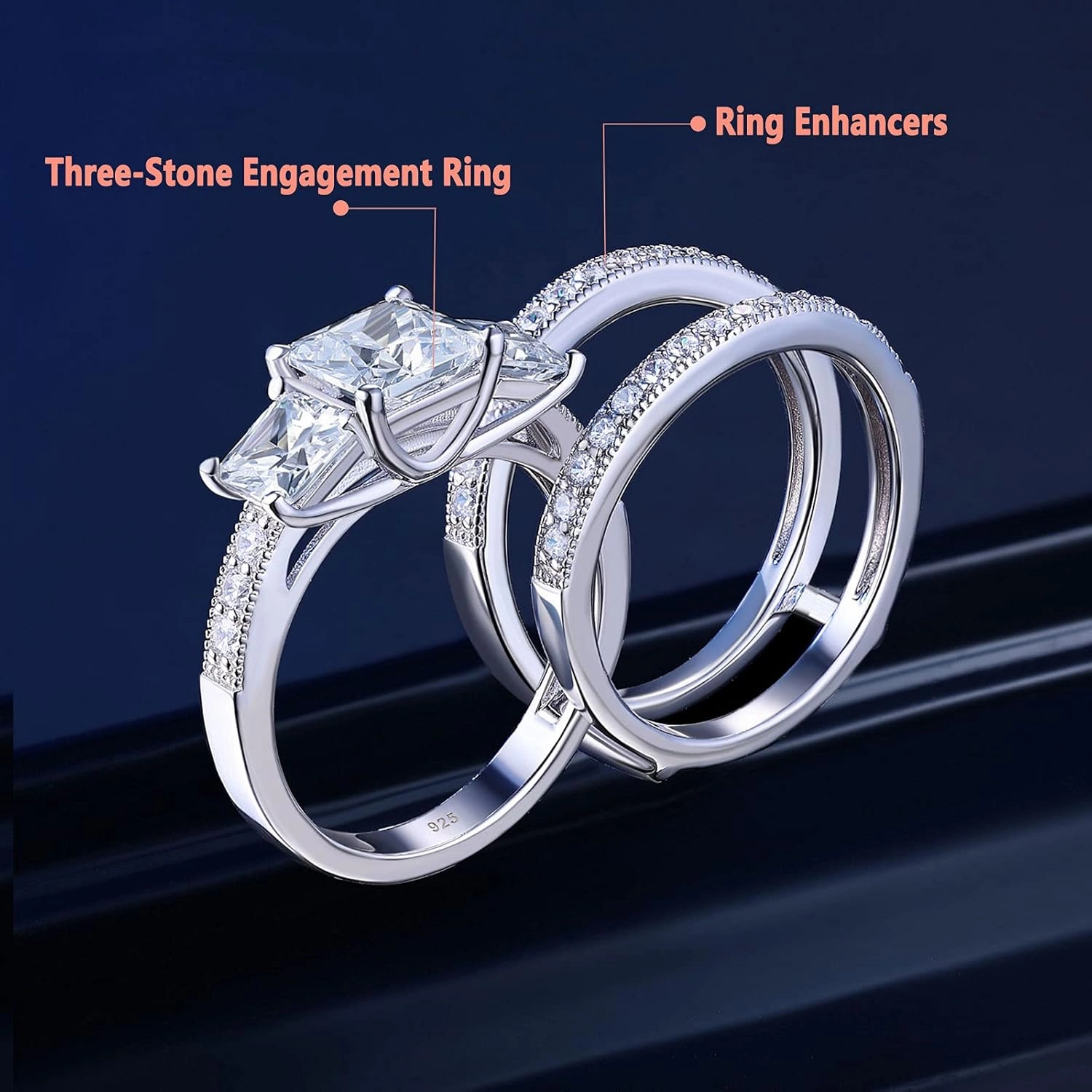 SHELOVES Three-Stone Princess Cut AAAAA Cz Wedding Rings Set Ring Enhancers 925 Sterling Silver Sz 5-10