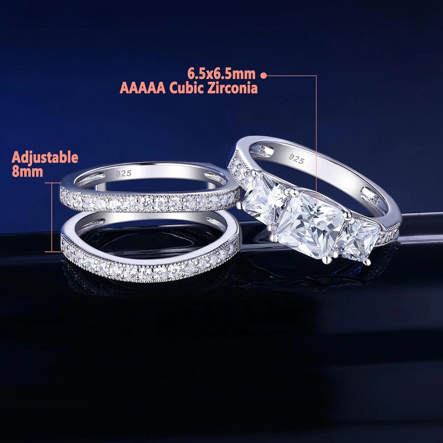 SHELOVES Three-Stone Princess Cut AAAAA Cz Wedding Rings Set Ring Enhancers 925 Sterling Silver Sz 5-10