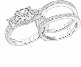 SHELOVES Three-Stone Princess Cut AAAAA Cz Wedding Rings Set Ring Enhancers 925 Sterling Silver Sz 5-10