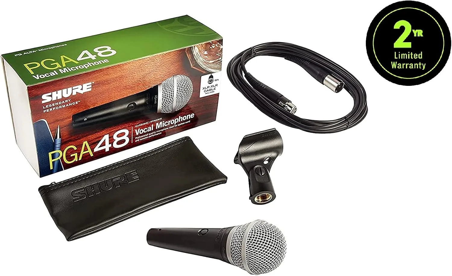 Shure PGA48 Dynamic Microphone - Handheld Mic for Vocals with Cardioid Pick-up Pattern, Discrete On/Off Switch, 3-pin XLR Connector, 15' XLR-to-XLR Cable, Stand Adapter and Zipper Pouch (PGA48-XLR)