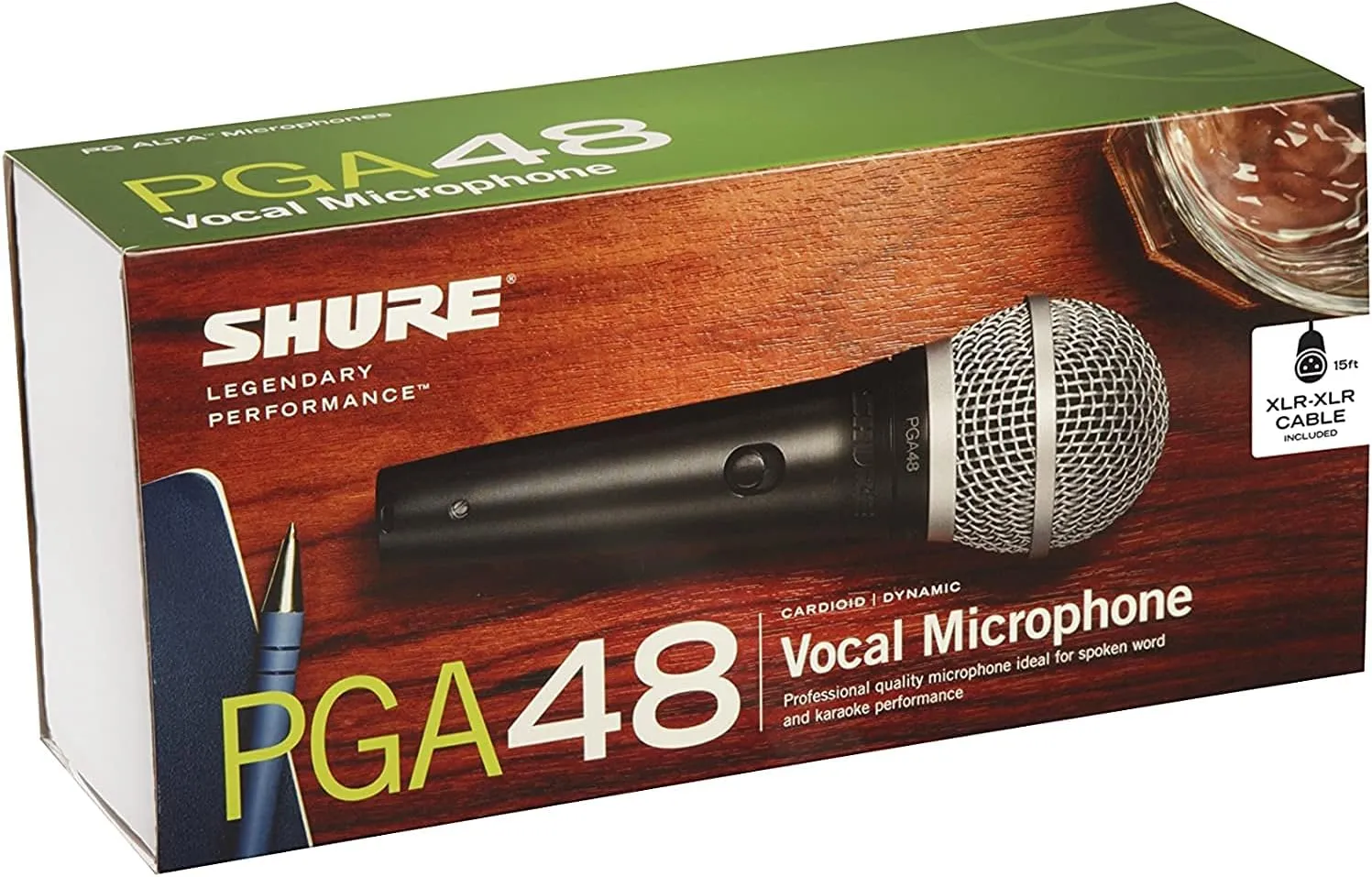 Shure PGA48 Dynamic Microphone - Handheld Mic for Vocals with Cardioid Pick-up Pattern, Discrete On/Off Switch, 3-pin XLR Connector, 15' XLR-to-XLR Cable, Stand Adapter and Zipper Pouch (PGA48-XLR)