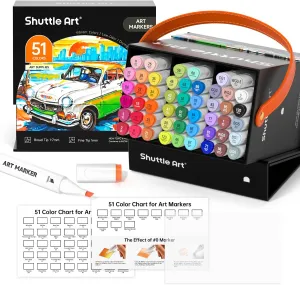 Shuttle Art 51 Colors Alcohol Markers, 50 Colors Dual Tip Art Marker Set Plus 1 Colorless Blender with Marker Case Perfect for Illustration Students Adult Coloring Sketching
