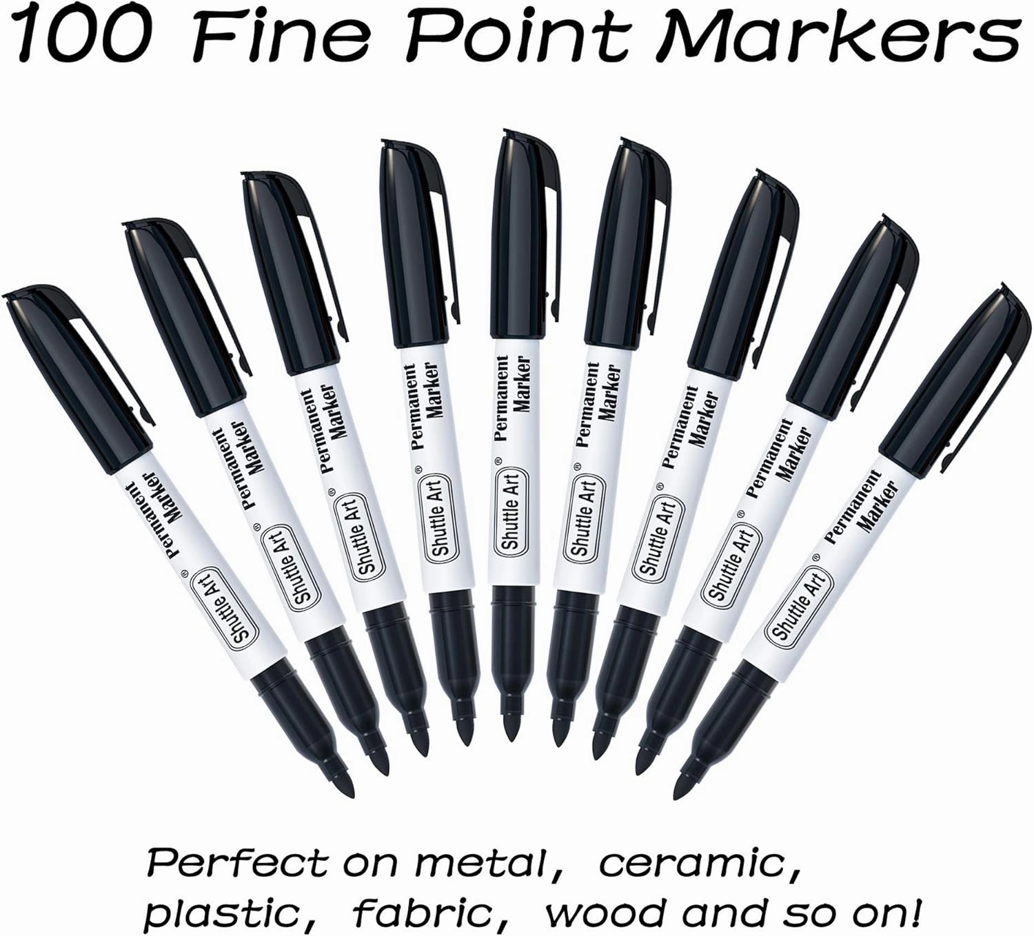 Shuttle Art Permanent Markers, 100 Pack Black Permanent Marker set,Fine Point, Works on Plastic,Wood,Stone,Metal and Glass for Doodling, Marking