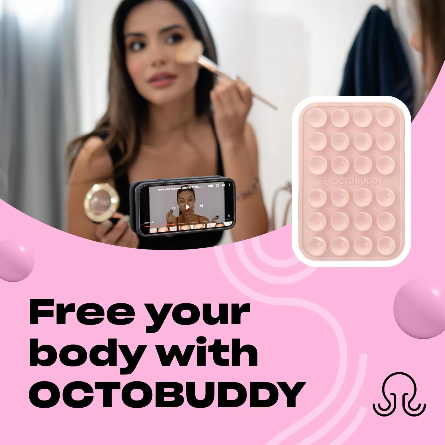 Silicone Suction Phone Case Adhesive Mount - Hands-Free, Strong Grip Holder for Selfies and Videos - Durable, Easy to Use - iPhone and Android Compatible - 2.25″ x 3.25″, Chalk Pink