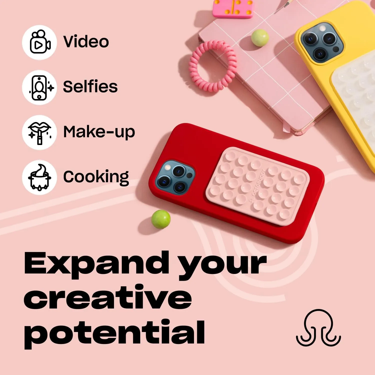 Silicone Suction Phone Case Adhesive Mount - Hands-Free, Strong Grip Holder for Selfies and Videos - Durable, Easy to Use - iPhone and Android Compatible - 2.25″ x 3.25″, Chalk Pink