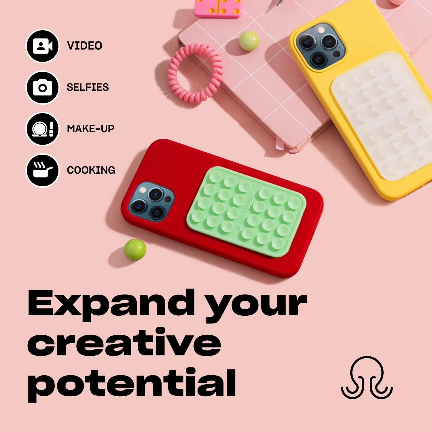 Silicone Suction Phone Case Adhesive Mount - Hands-Free, Strong Grip Holder for Selfies & Videos - Durable, Easy to Use - iPhone & Android Compatible - 2.25″ x 3.25″, Marigold