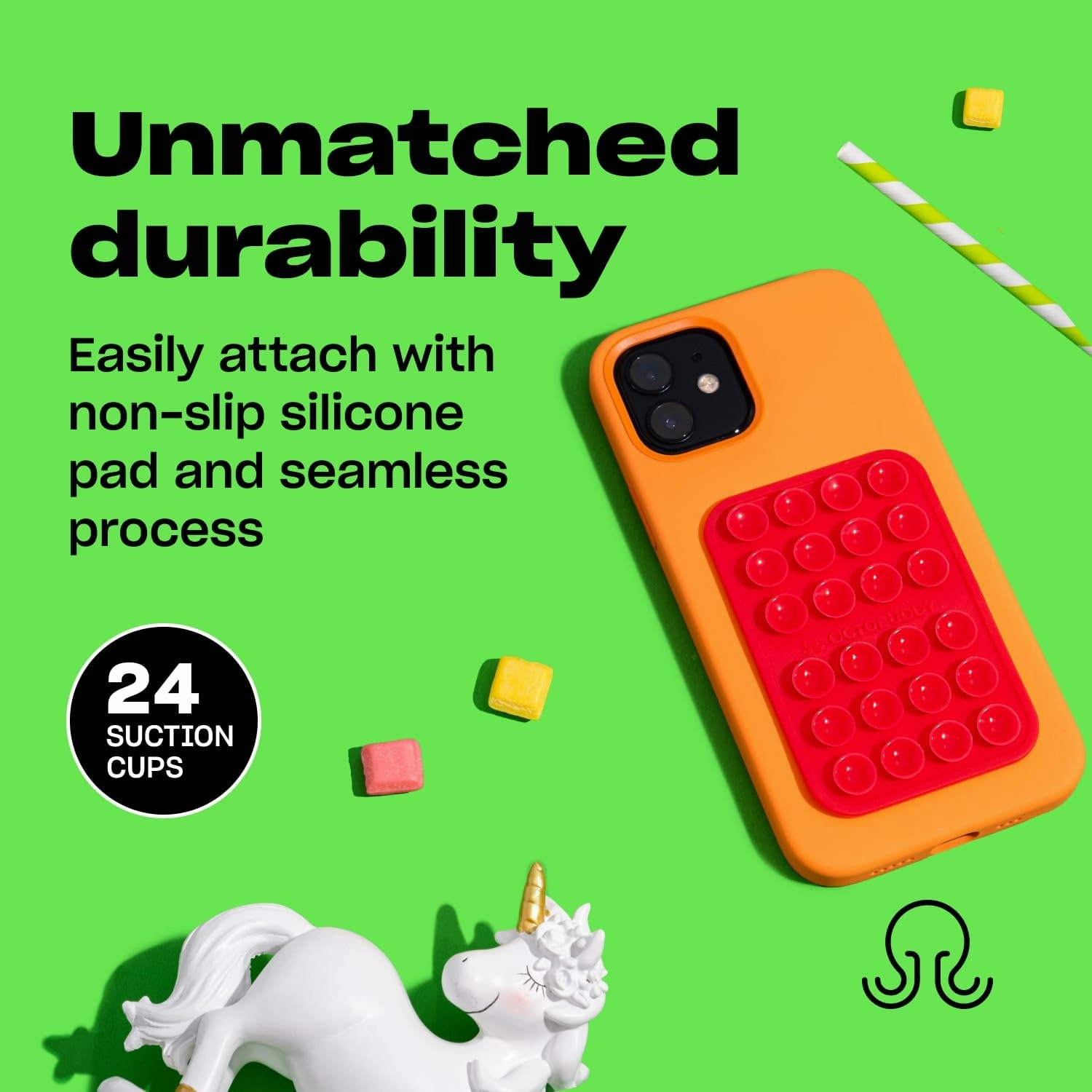 Silicone Suction Phone Case Adhesive Mount - Hands-Free, Strong Grip Holder for Selfies & Videos - Durable, Easy to Use - iPhone & Android Compatible - 2.25″ x 3.25″, Marigold