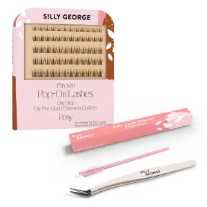 Silly George Easy Application Bundle - 60 Pre-Glued Pop-On Lash Clusters, Brown Style Rosy   Precision Tweezers & Spoolie for a Natural Finish