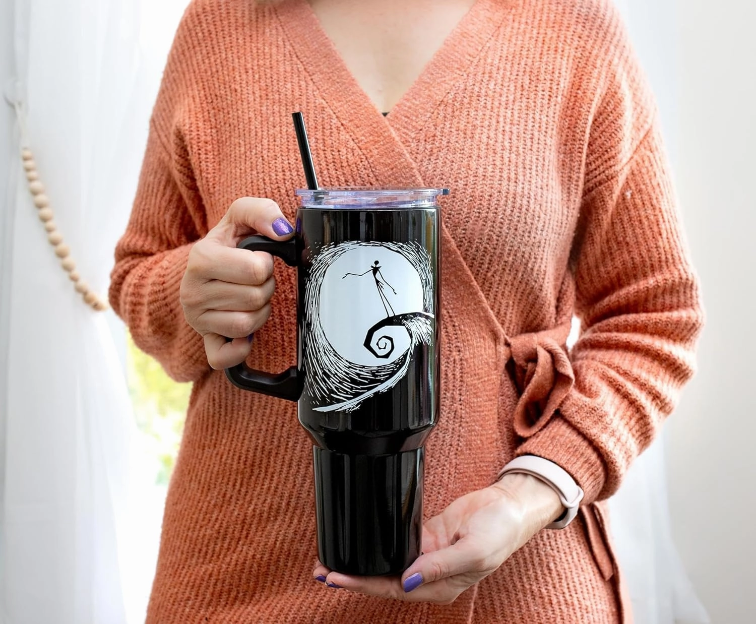 Silver Buffalo Disney Nightmare Before Christmas by Tim Burton Jack Skellington Hill and Moon Drawing Stainless Steel Tumbler with Handle and Straw, Fits in Standard Cup Holder, 40 Ounces