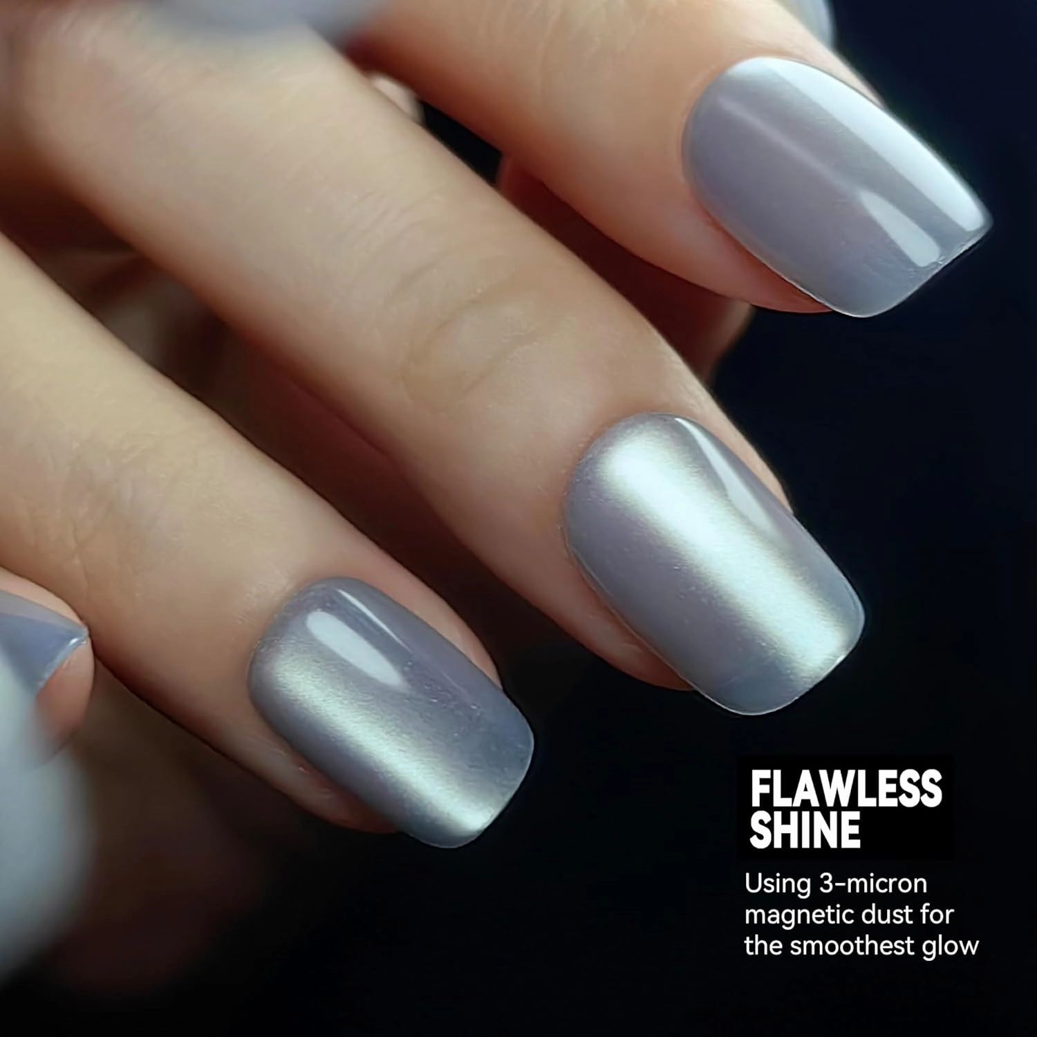 Silver Smoke Press on Nails - Metallic Cat Eye Press on Nails | Magnetic Moonlit Shimmer - Short Ballerina Squoval Shape - 15 Sizes - 30 Soft Gel Fake Nails with Glue and Stick On Tabs