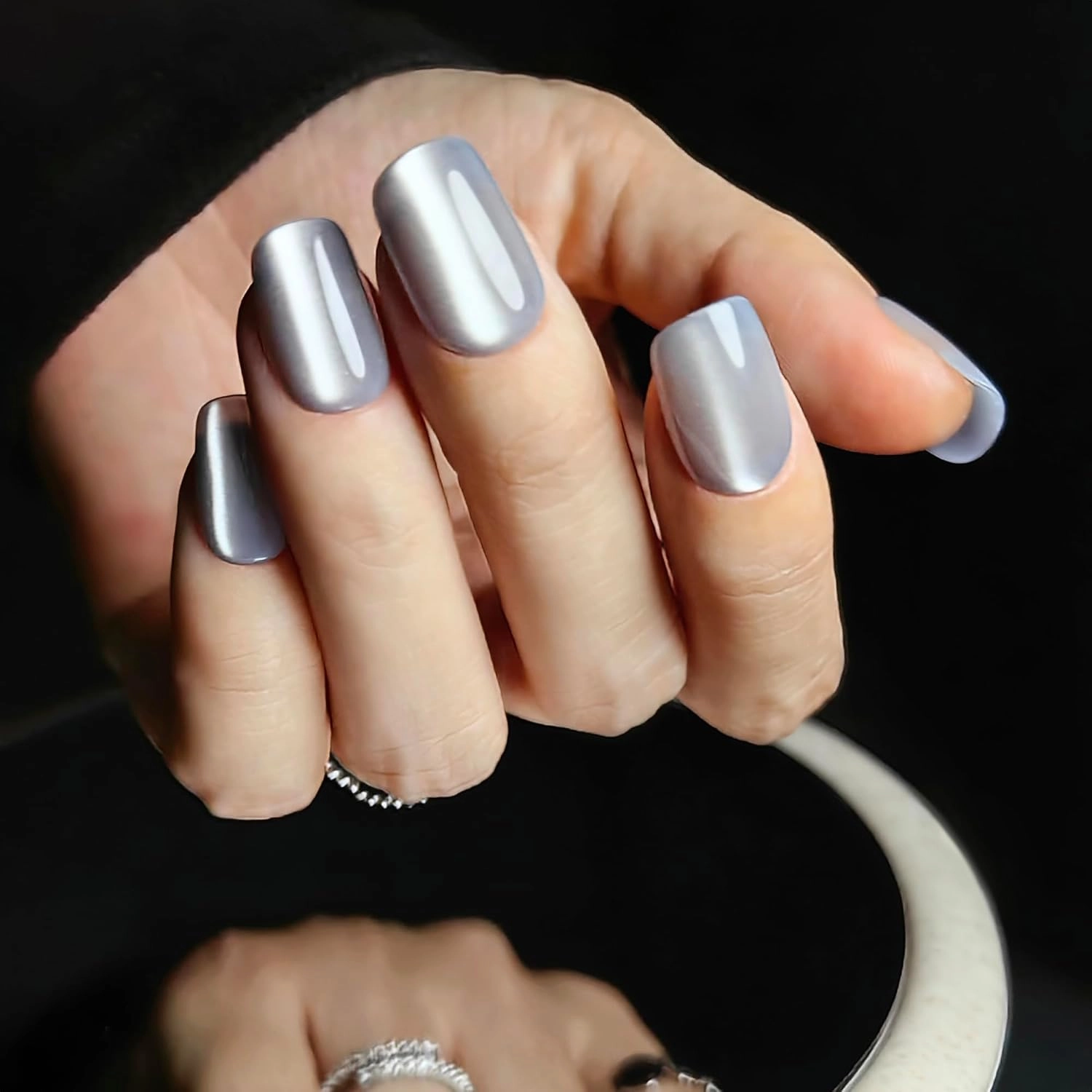 Silver Smoke Press on Nails - Metallic Cat Eye Press on Nails | Magnetic Moonlit Shimmer - Short Ballerina Squoval Shape - 15 Sizes - 30 Soft Gel Fake Nails with Glue and Stick On Tabs