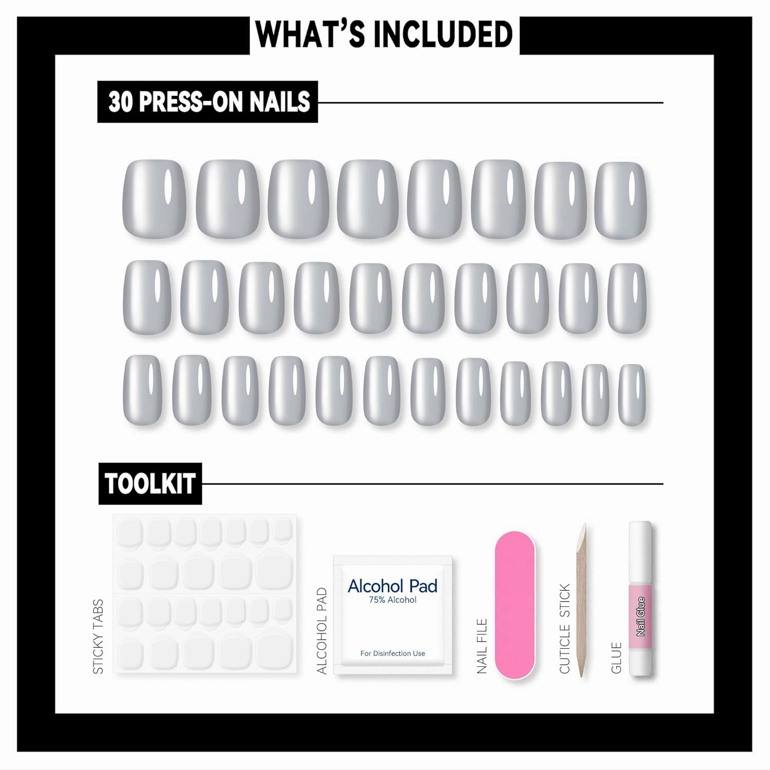 Silver Smoke Press on Nails - Metallic Cat Eye Press on Nails | Magnetic Moonlit Shimmer - Short Ballerina Squoval Shape - 15 Sizes - 30 Soft Gel Fake Nails with Glue and Stick On Tabs