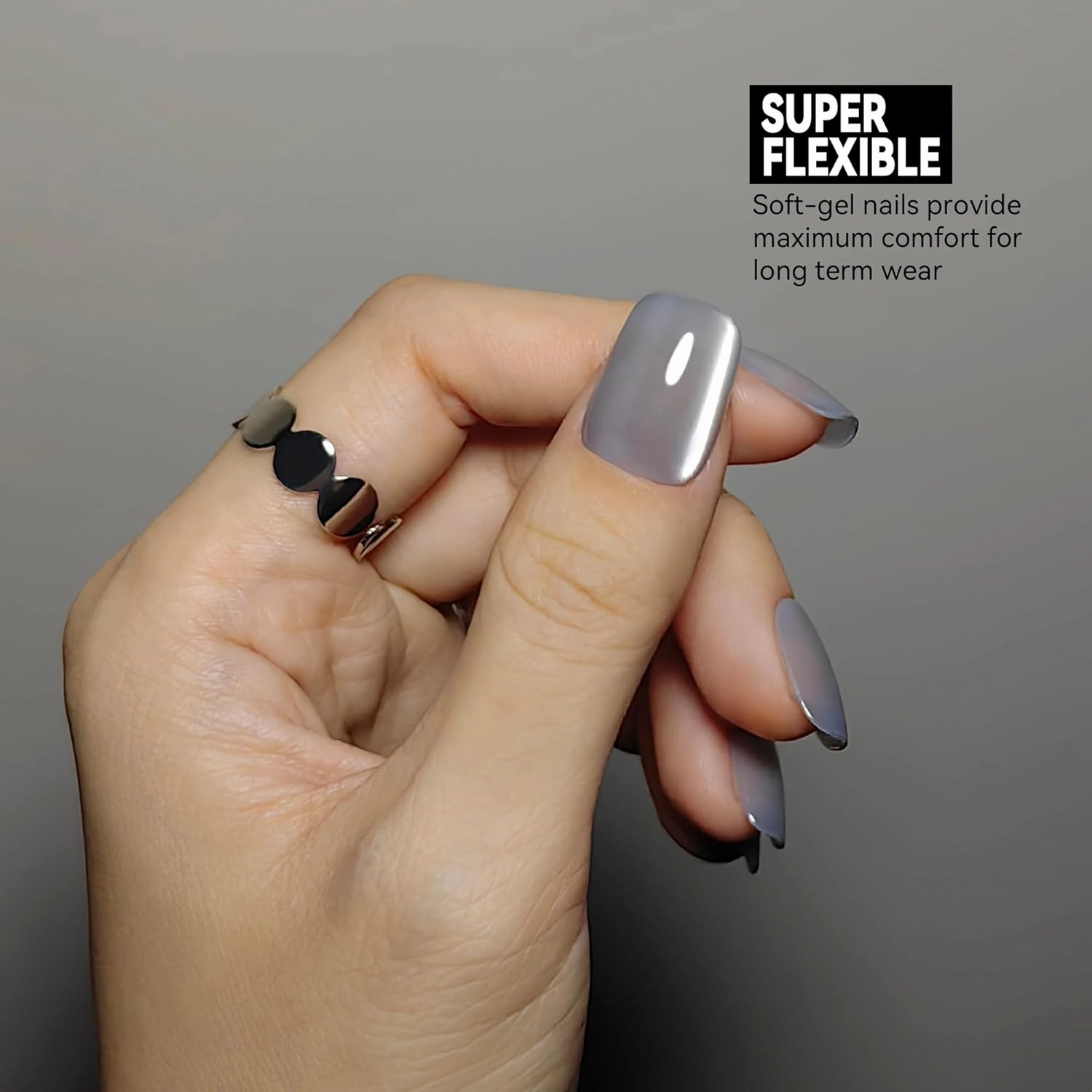 Silver Smoke Press on Nails - Metallic Cat Eye Press on Nails | Magnetic Moonlit Shimmer - Short Ballerina Squoval Shape - 15 Sizes - 30 Soft Gel Fake Nails with Glue and Stick On Tabs