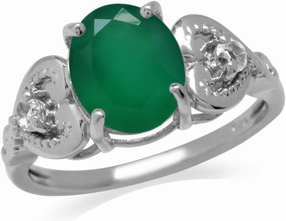 Silvershake 2.32ct. Natural Emerald Green Agate and White Topaz 925 Sterling Silver Heart Victorian Style Ring Size 10