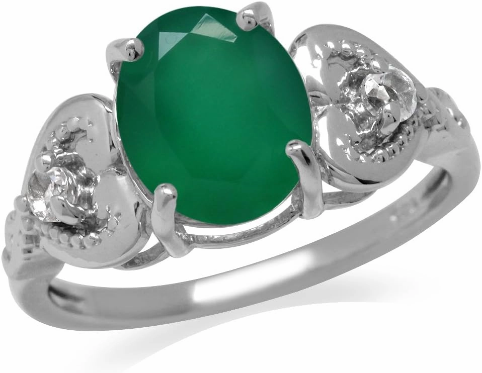 Silvershake 2.32ct. Natural Emerald Green Agate and White Topaz 925 Sterling Silver Heart Victorian Style Ring Size 9