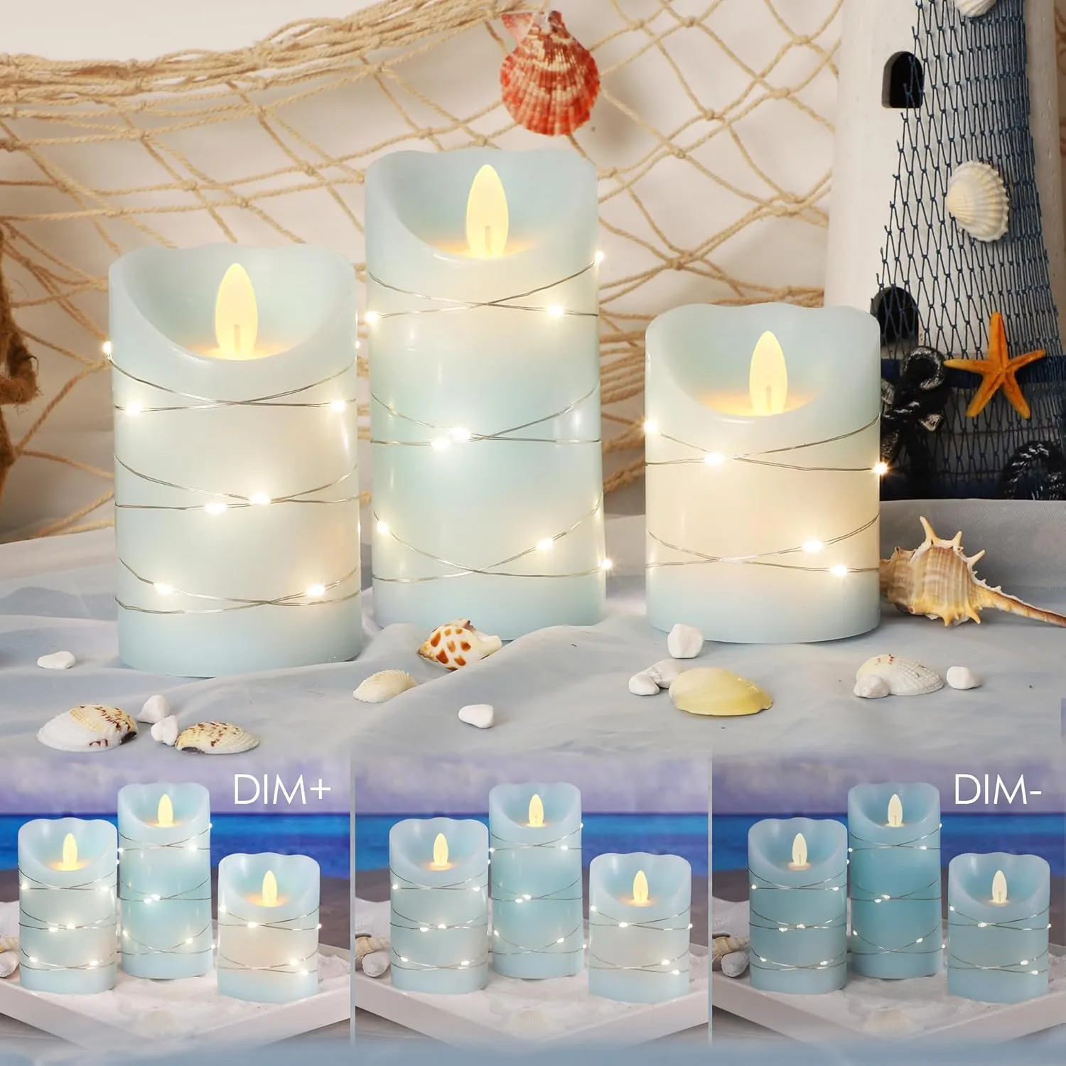 Silverstro Nautical Flameless Candles with String Lights Flickering Ocean Blue Battery Operated Candles with Remote Control & Timer - Home Farmhouse Holiday Decor - Set of 3