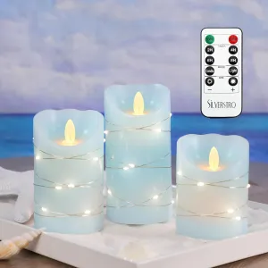 Silverstro Nautical Flameless Candles with String Lights Flickering Ocean Blue Battery Operated Candles with Remote Control & Timer - Home Farmhouse Holiday Decor - Set of 3