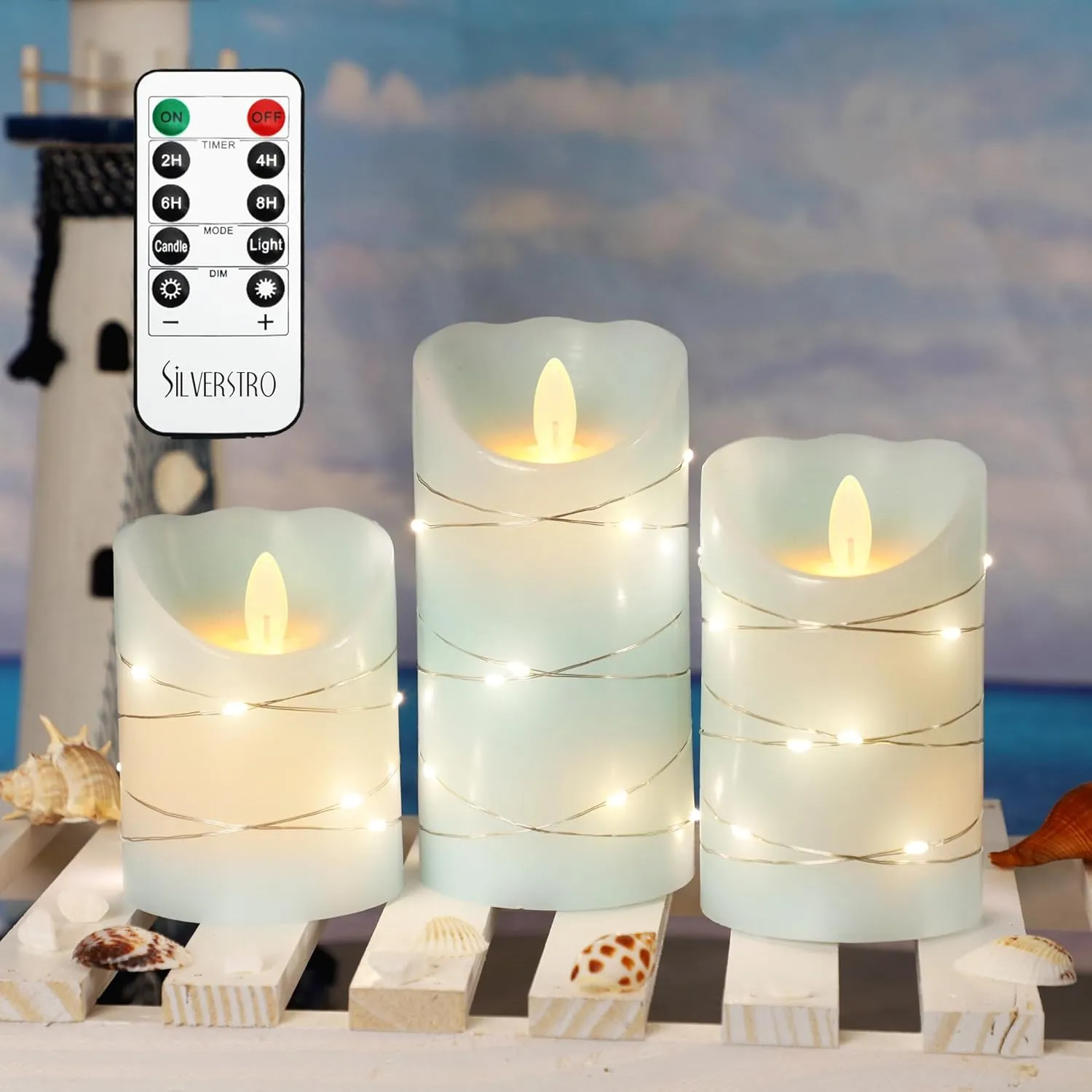 Silverstro Nautical Flameless Candles with String Lights Flickering Ocean Blue Battery Operated Candles with Remote Control & Timer - Home Farmhouse Holiday Decor - Set of 3