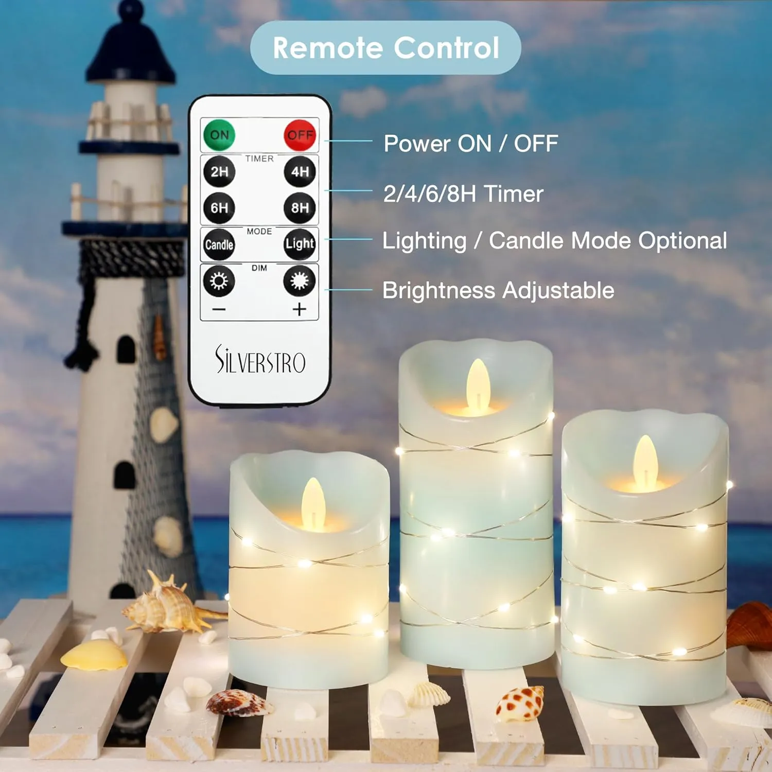 Silverstro Nautical Flameless Candles with String Lights Flickering Ocean Blue Battery Operated Candles with Remote Control & Timer - Home Farmhouse Holiday Decor - Set of 3