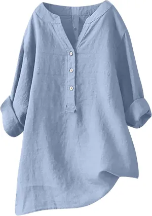 SMIDOW Linen Tops for Women Summer Plus Size Button Down Cotton Linen Shirts Long Sleeve v Neck Loose Comfy Blouse 2023