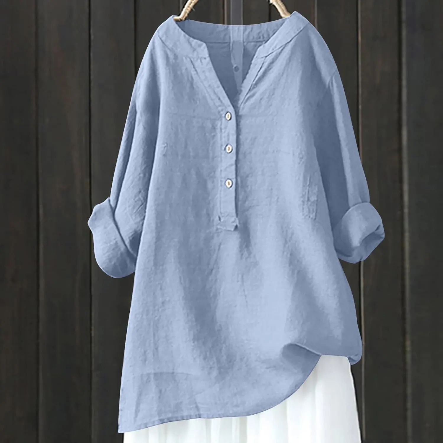 SMIDOW Linen Tops for Women Summer Plus Size Button Down Cotton Linen Shirts Long Sleeve v Neck Loose Comfy Blouse 2023
