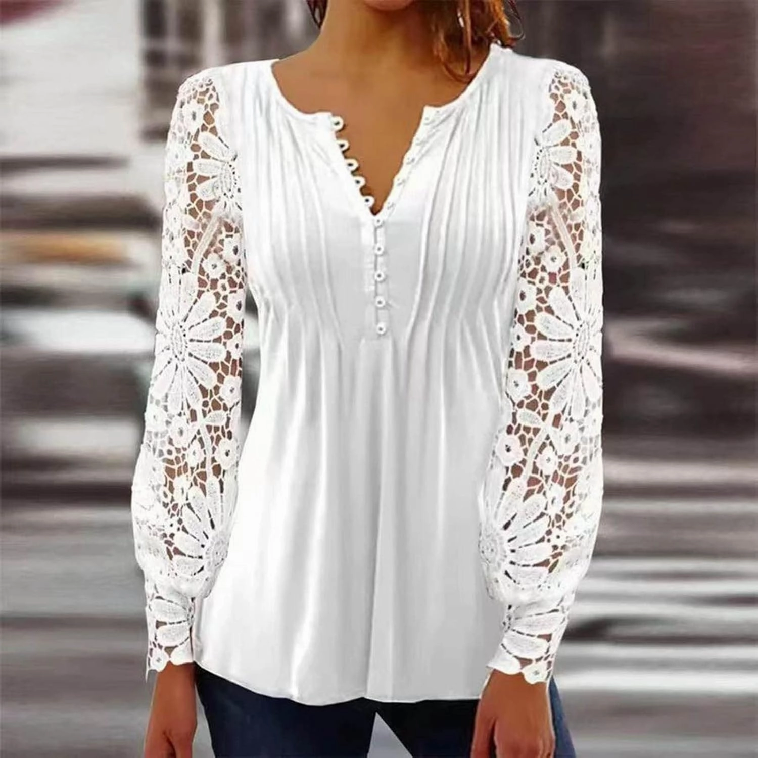 SMIDOW Elegant Lace Lantern Long Sleeve t-Shirt for Women Trendy Sexy Button v Neck Spring Tunic Tops Blouse